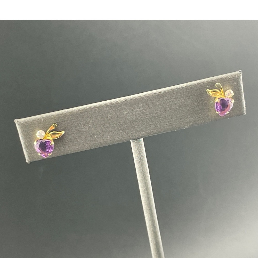 Vintage 14K Gold Amethyst Heart Stud Earrings Petite Leaf Dainty Feb Birthstone
